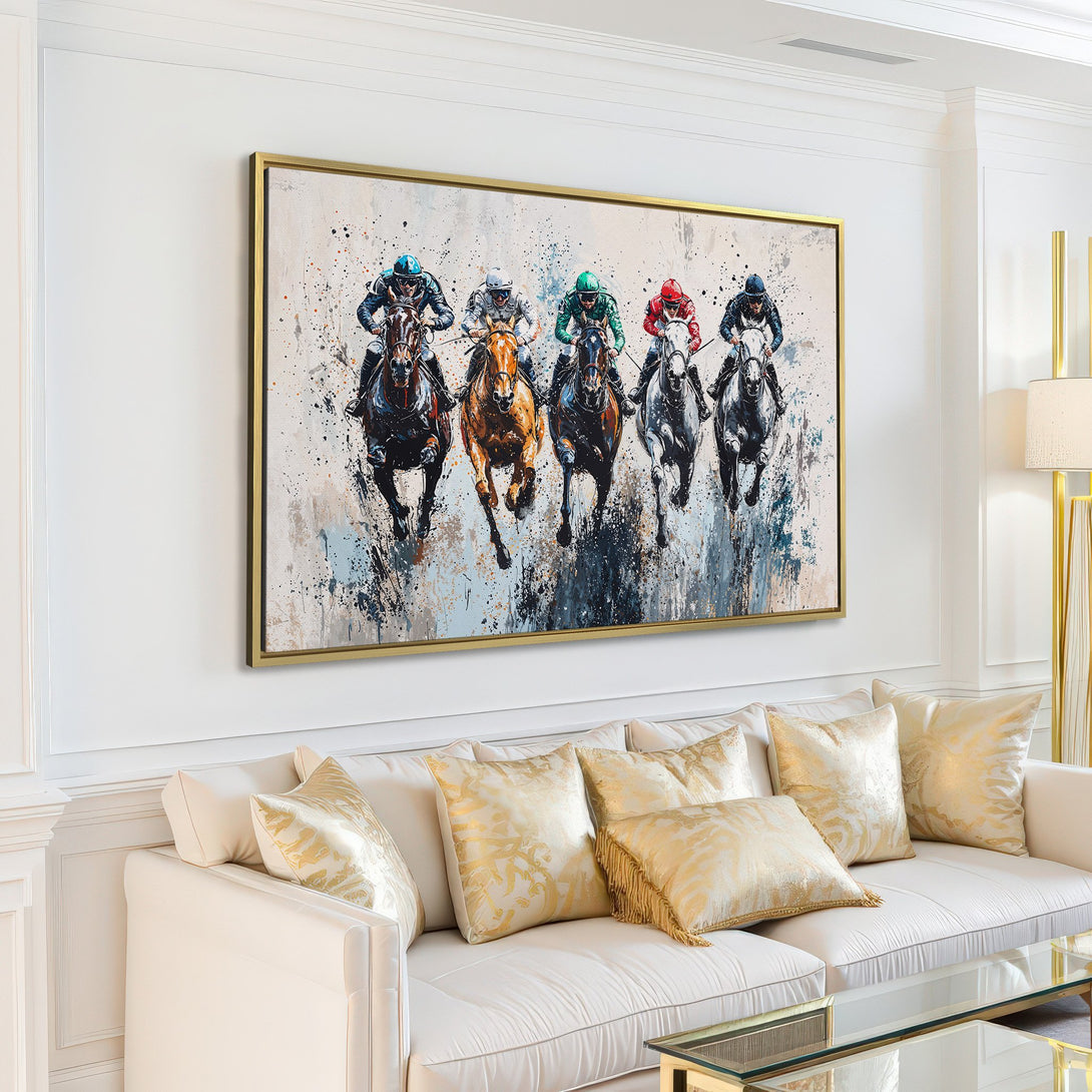 Canvas Print of a horse race in an abstract style, featuring a neutral color palette. Add a touch of art to your home!