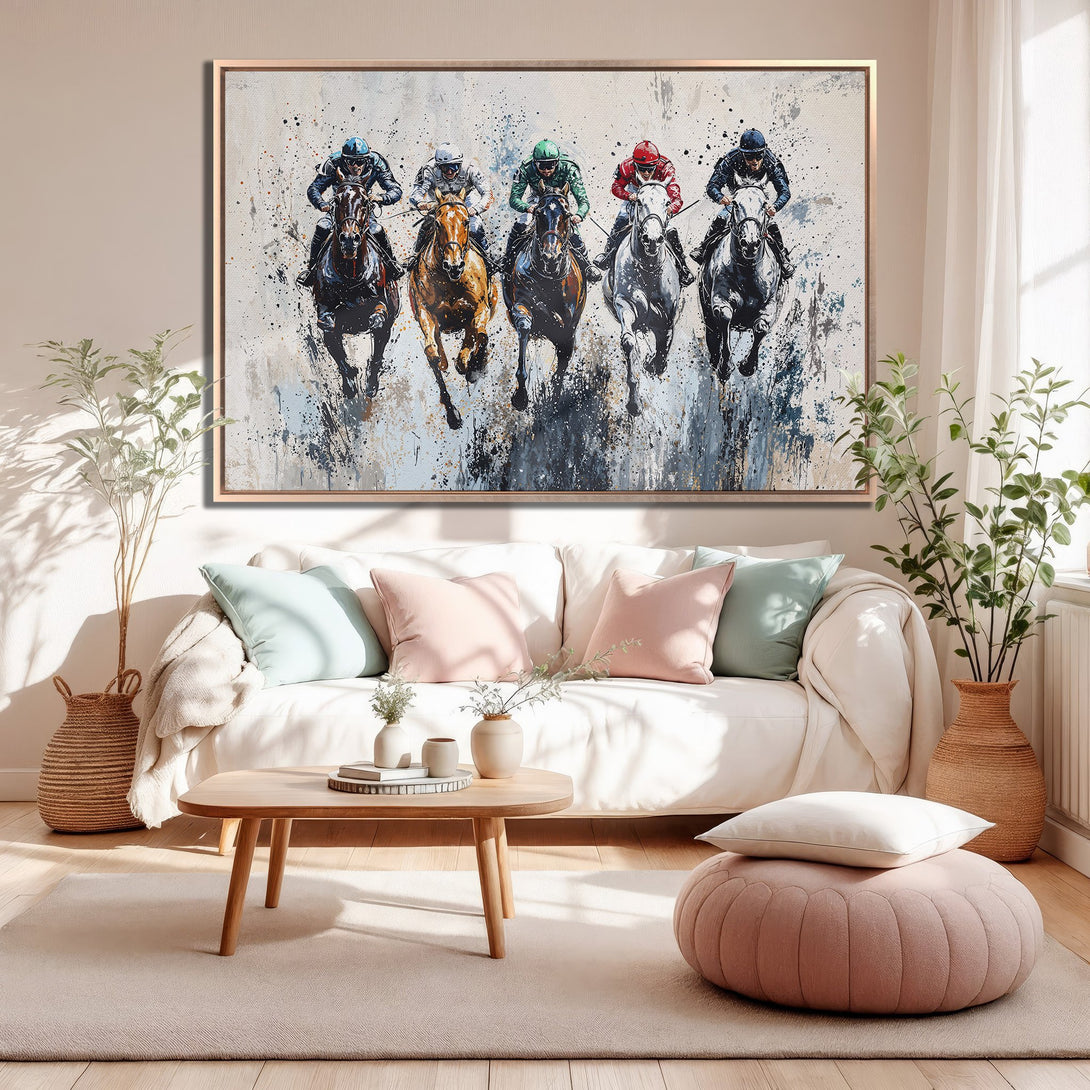 Framed Wall Art featuring an abstract painting of racehorses in action. Modern style with a neutral, warm color palette. Perfect for living room decor.