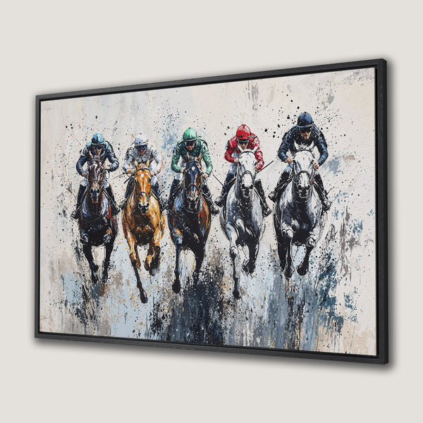 Framed Wall Art: Dynamic horse racing scene in a modern, abstract style. Featuring a vibrant color palette of blues, browns, and reds. Perfect for home decor!