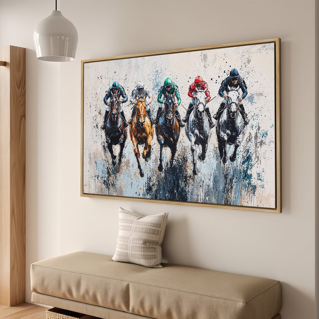 Framed Wall Art: Dynamic horse racing scene in abstract style. Features a vibrant palette of blues, browns, and reds. Perfect for adding energy to any space.