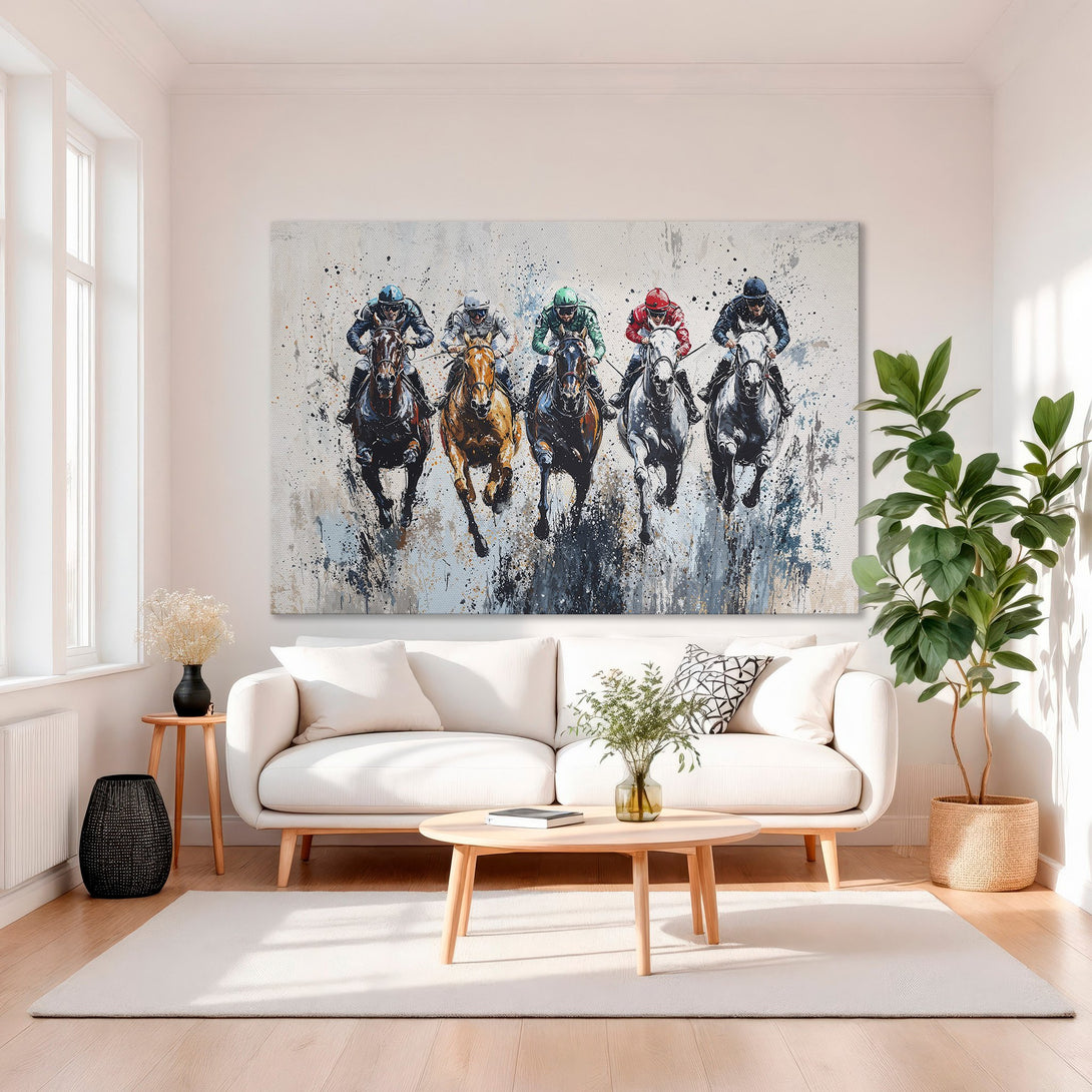 Framed Wall Art: Abstract painting of racehorses in action. Modern style with a neutral and colorful palette, perfect for home decor.