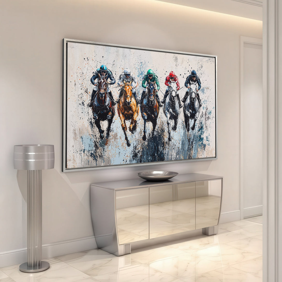 Framed Wall Art featuring a horse racing scene in an abstract style. Vibrant colors and a neutral palette create a dynamic and stylish interior accent.