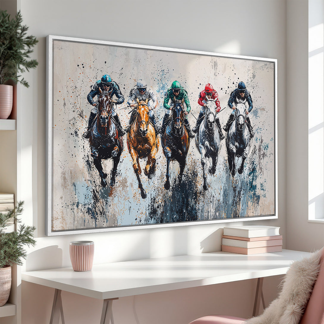 Framed Wall Art: Dynamic horse racing scene in an abstract style. Neutral background with colorful jockeys & horses, perfect for modern home decor.