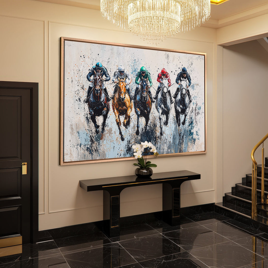 Framed Wall Art of a horse race in abstract style. Colorful canvas print with blue, brown, and white tones. Elevate your home decor!