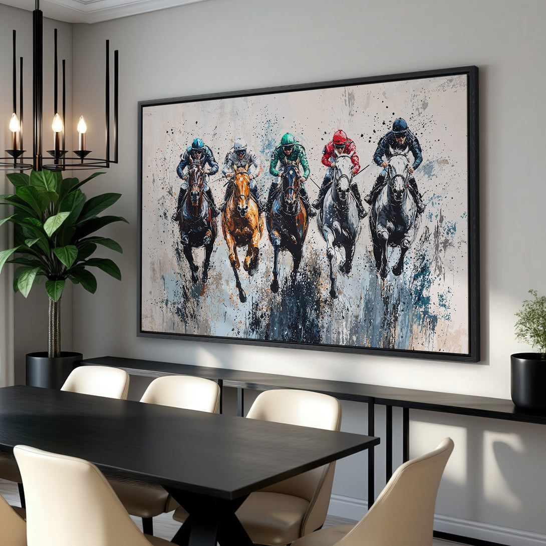 Framed Wall Art: Dynamic horse racing scene in abstract style. Vibrant colors pop against neutral background. Elevate your space with this stunning canvas print!