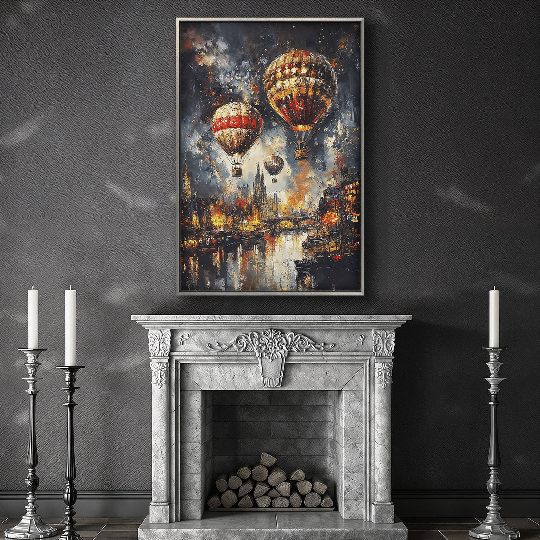 Framed Wall Art featuring hot air balloons over a city. Dramatic, painterly style with warm, fiery color palette. Perfect for adding a touch of art to your space.