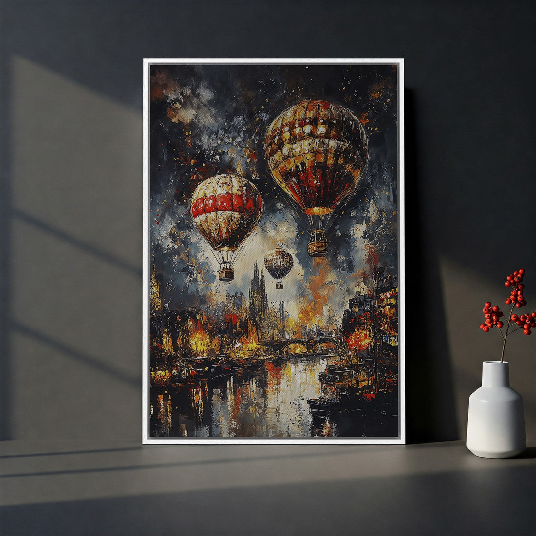 Framed Wall Art: Abstract hot air balloon painting in a warm, moody color palette. Perfect wall decor for a modern living room. Shop now!