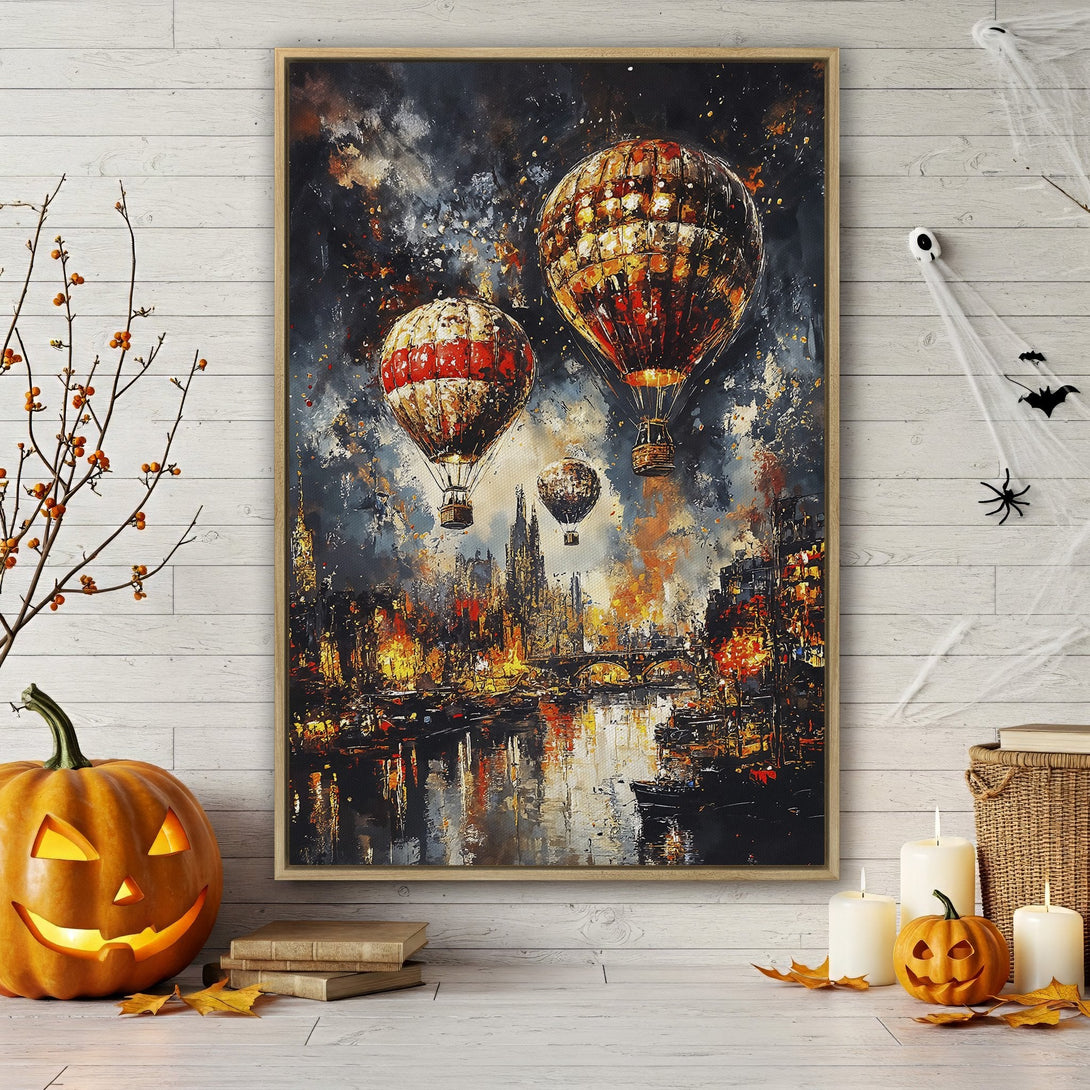 Framed Wall Art featuring hot air balloons over a city. Impressionistic style with warm orange, red, and gold hues against a dark, moody background. Perfect wall decor!