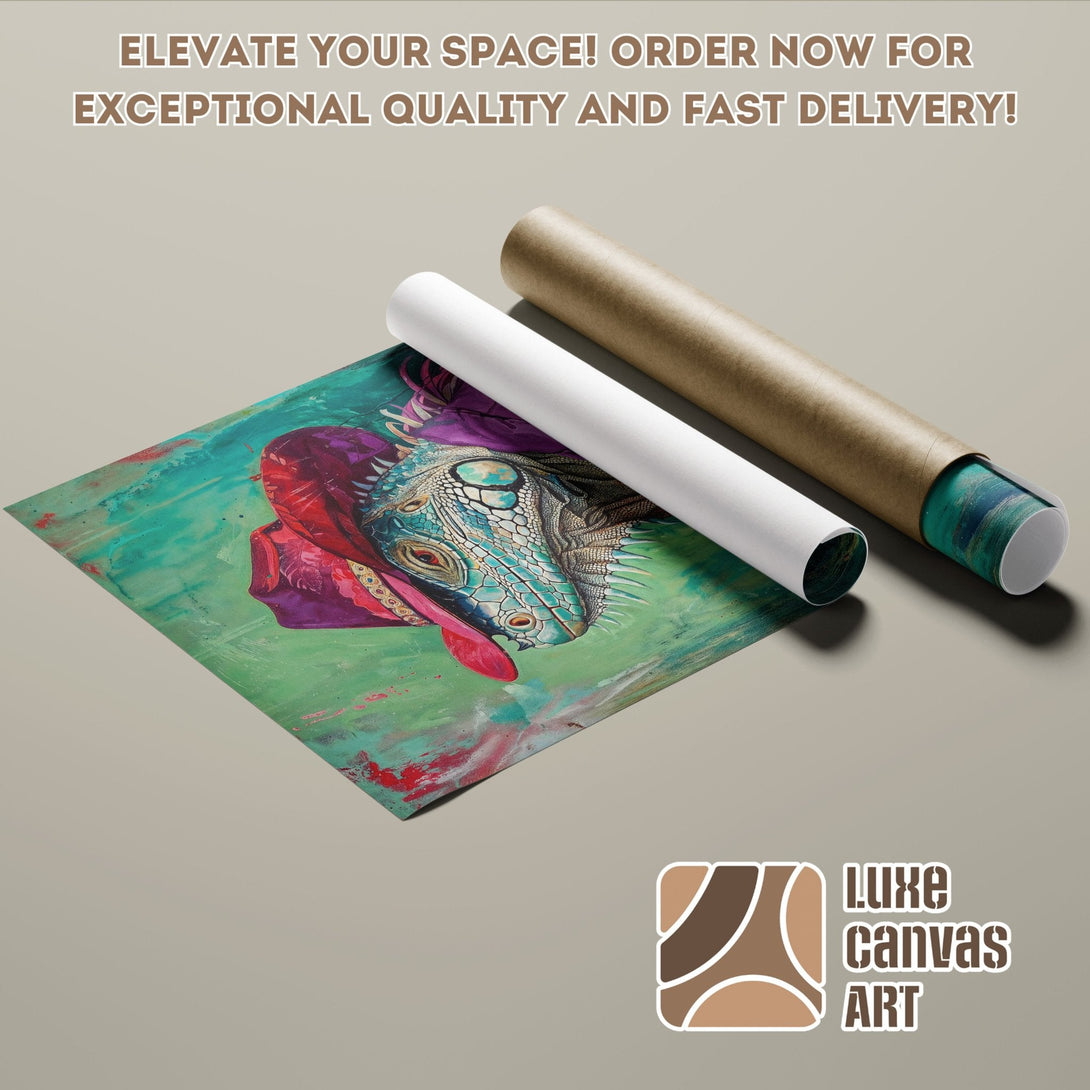 Abstract iguana art poster roll in teal, red, and green color palette. Order your poster today!