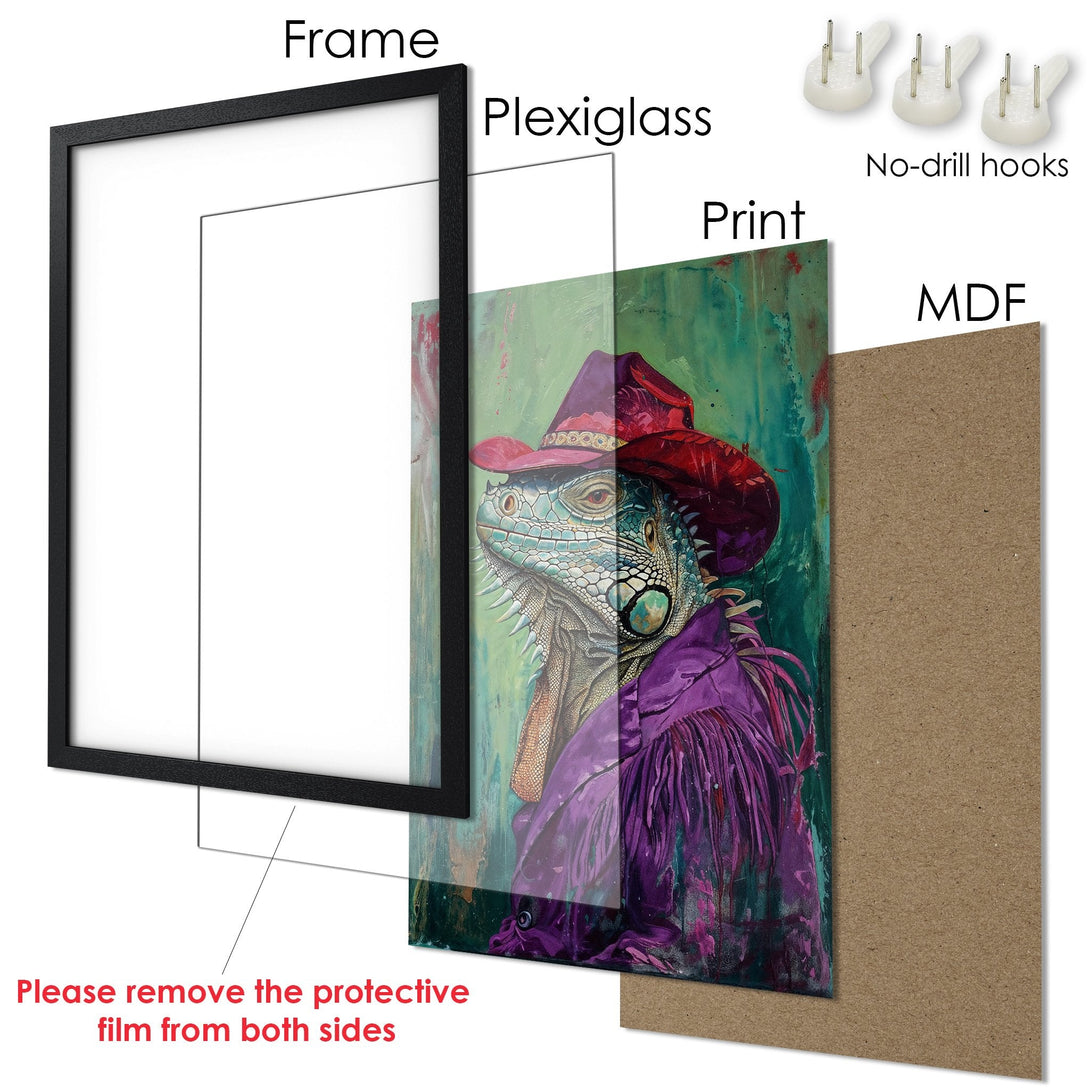 Framed Poster featuring an iguana in a cowboy hat, vibrant colors and modern art style. Ready to hang!