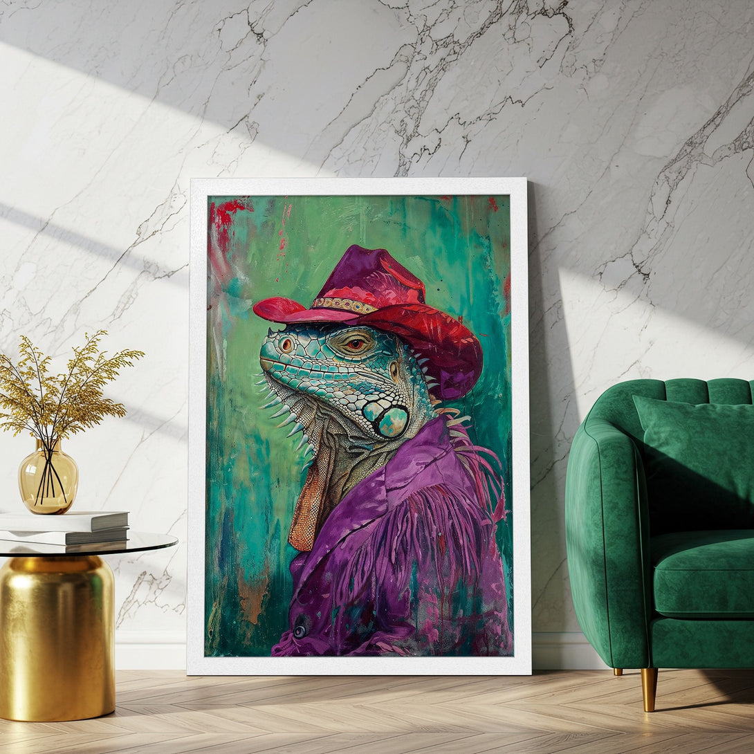 Framed Poster featuring a stylish iguana in a cowboy hat. Vibrant teal, purple, and red color palette. Unique art for your wall!
