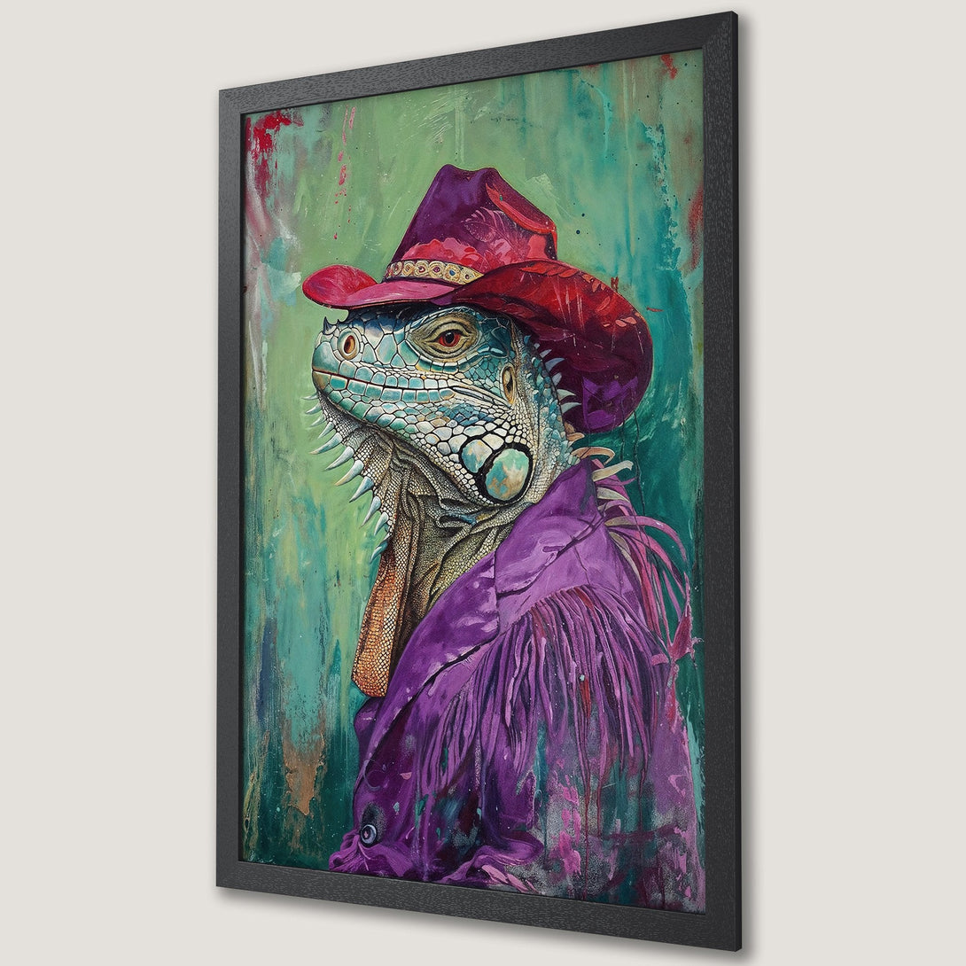 Framed Poster featuring an iguana in a cowboy hat, vibrant watercolor style with purple, teal, and red color palette. Unique wall art.