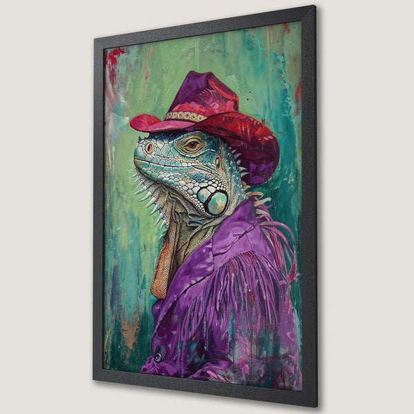 Framed Poster featuring an iguana in a cowboy hat, vibrant watercolor style with purple, teal, and red color palette. Unique wall art.