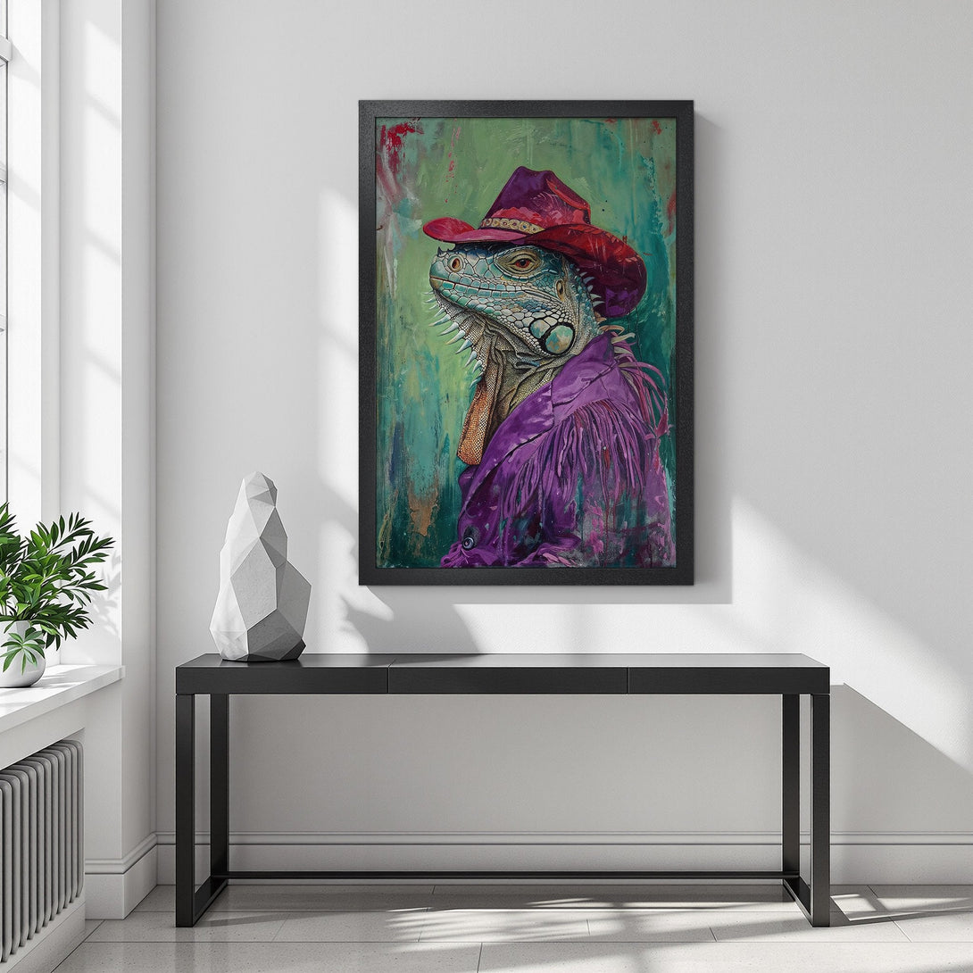 Framed Poster featuring a stylish iguana in a cowboy hat. Vibrant colors and unique art style. Add a pop of personality to your space!