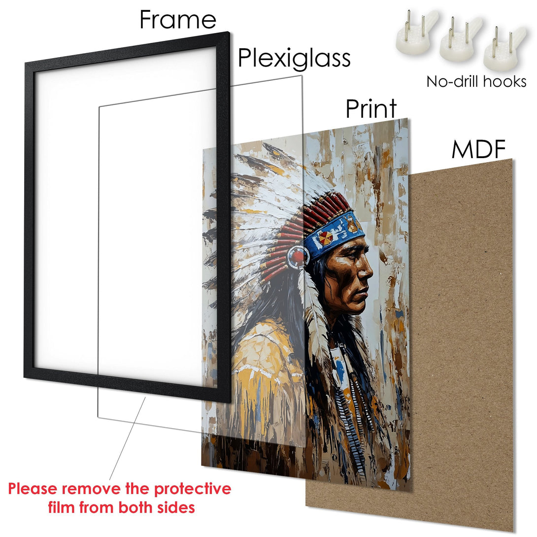 Framed Poster featuring an Indigenous man in a vibrant, textured style. Earthy tones with pops of blue and yellow. Ready to hang!