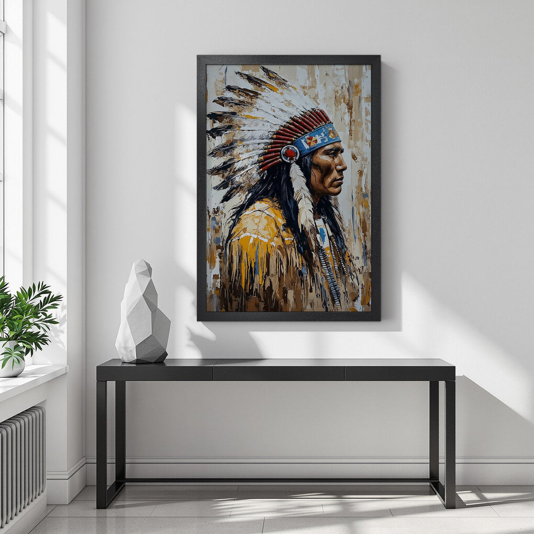 Framed Poster featuring a Native American portrait in a warm, earthy palette. Perfect art for your home!