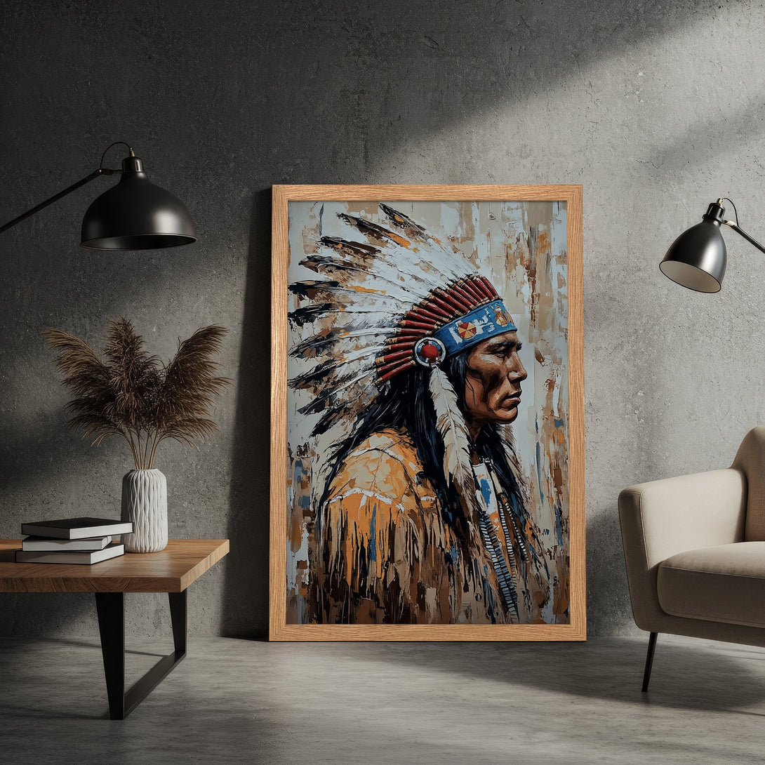 Framed Poster of Native American chief in an expressive, painterly style. Earthy tones with pops of blue and red. Perfect wall art!