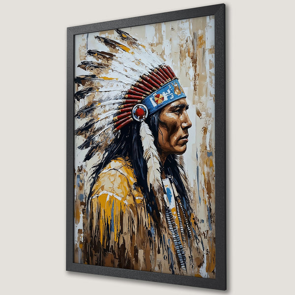 Framed Poster featuring a Native American chief in an expressive, textured style, rich with earthy tones and pops of blue and red.