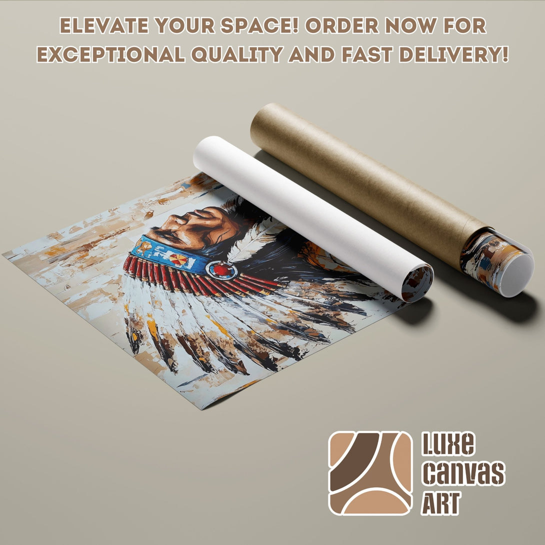 Poster Roll featuring a Native American portrait in a textured, warm color palette. Elevate your space with this stunning art!