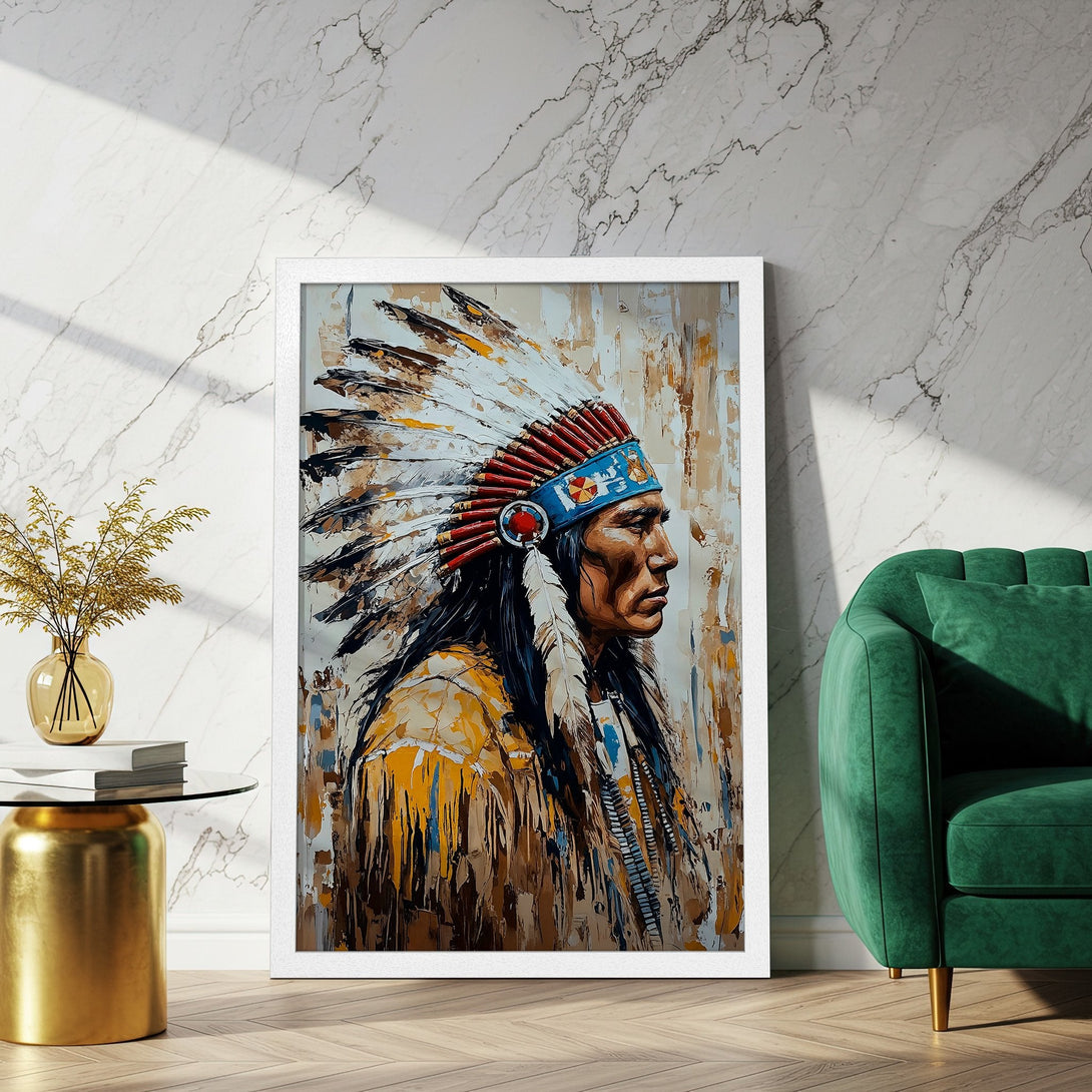 Framed Poster of Native American Chief, Impressionist style, warm earth tones and blue accents. Add cultural art to your home!