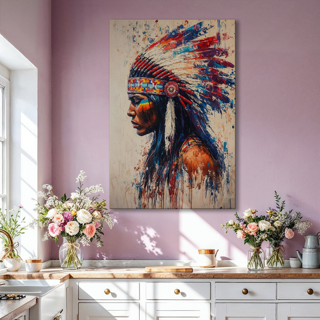 Framed Wall Art: Native American portrait in vibrant red, blue, and gold hues. Modern abstract style canvas print adds a touch of cultural elegance to any interior.