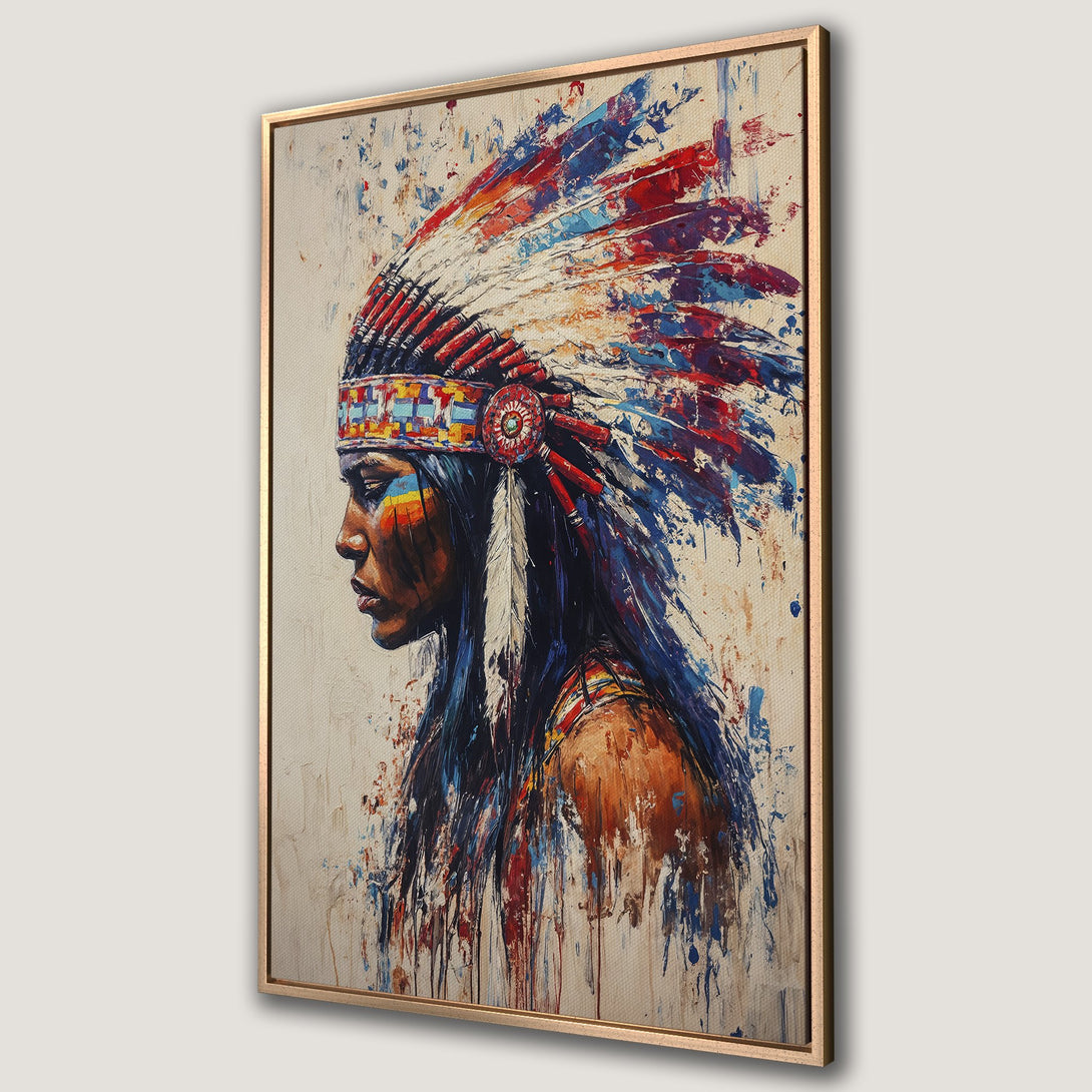 Framed Wall Art: Native American portrait with vibrant colors. Abstract style Canvas Print with red, blue, and earthy tones. Perfect for adding cultural flair to your space.