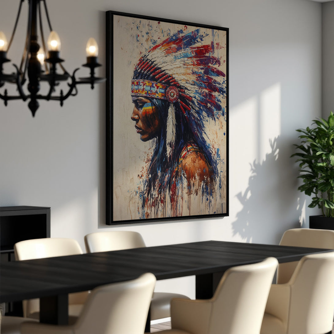 Framed Wall Art: Native American portrait canvas print in vibrant red, blue, and orange hues. Modern art for home decor, perfect for dining rooms.