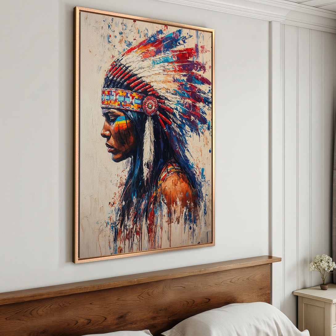 Framed Wall Art: Stunning Native American portrait Canvas Print in vibrant red, blue, and orange tones. Add a touch of artistry to your home decor!