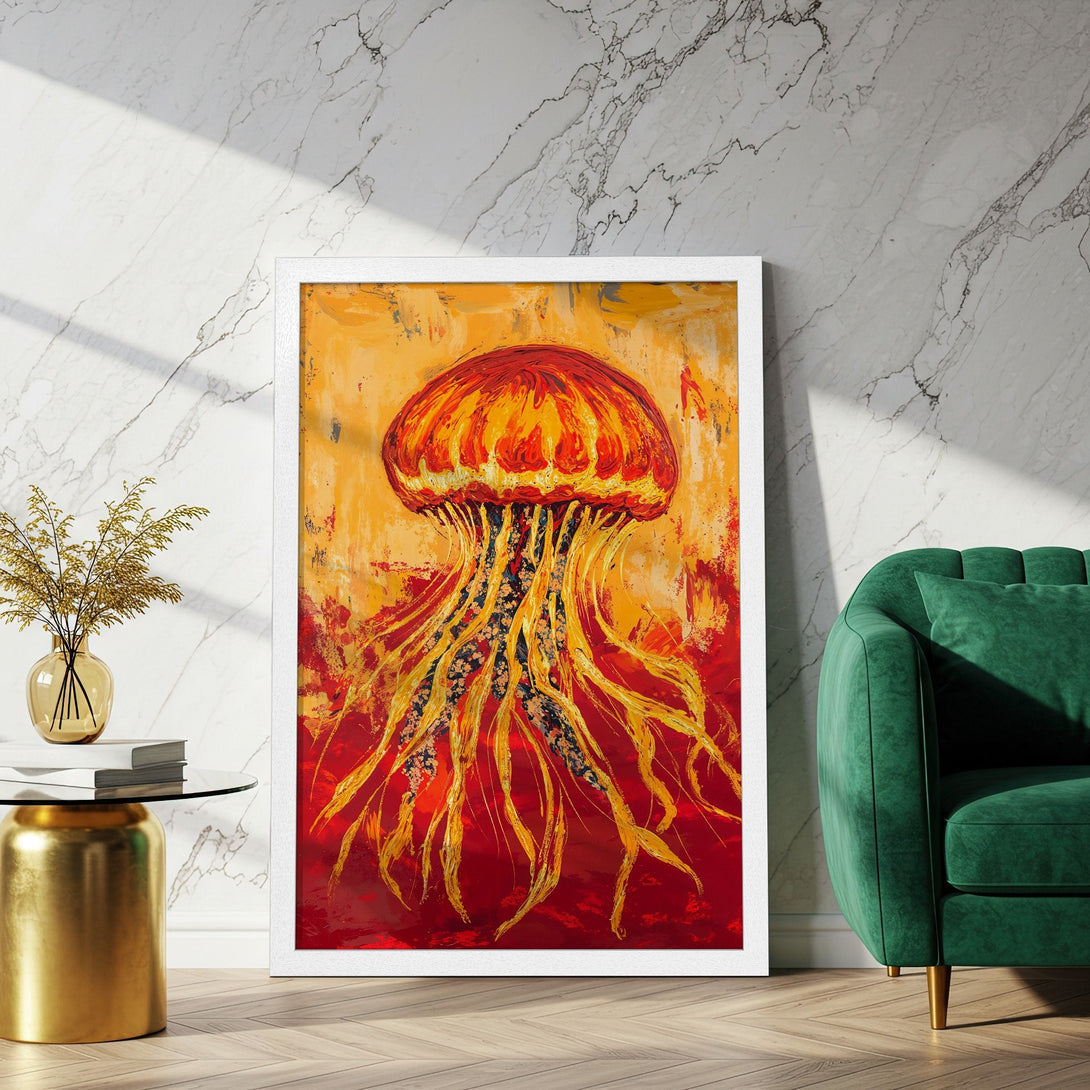 Framed Poster of a vibrant jellyfish abstract art in red, orange, and yellow hues. Add a splash of color to your space!
