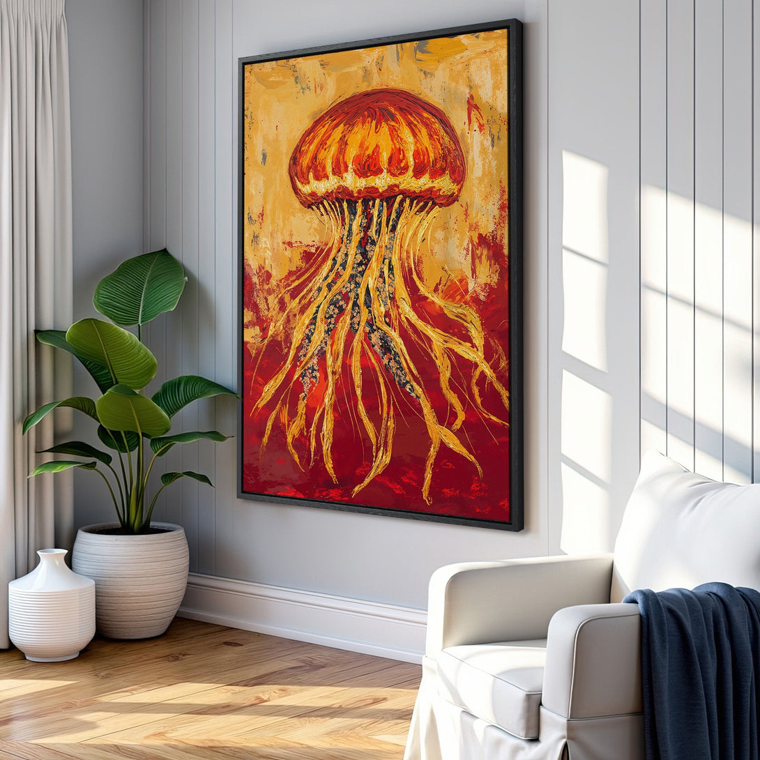 Framed Wall Art: Abstract jellyfish painting in vibrant red, orange, and gold tones. Modern art for your home decor. Add a pop of color!