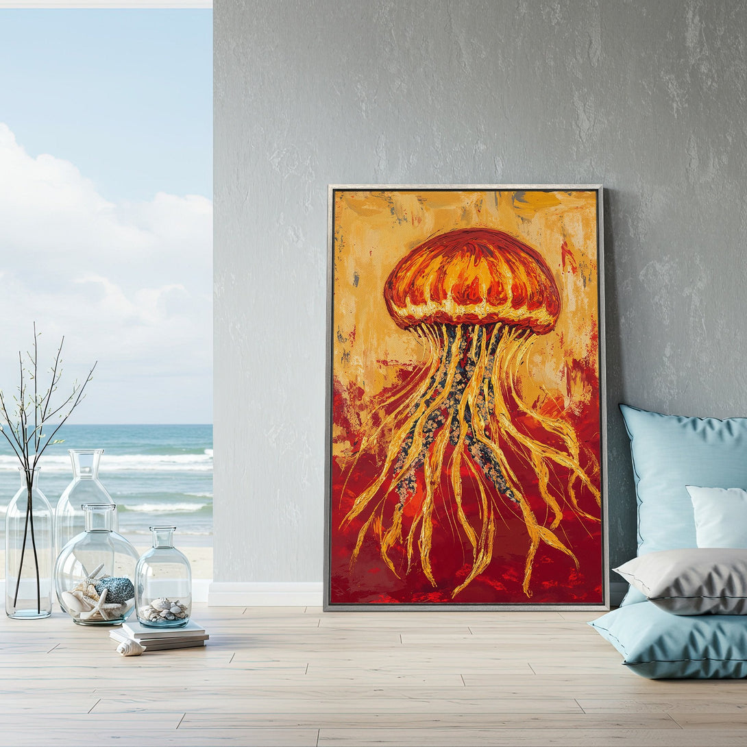 Framed Wall Art featuring a vibrant jellyfish painting. Bold red, orange, and gold hues create a stunning abstract style. Perfect for coastal decor!