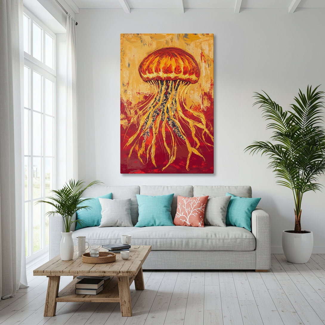 Framed Wall Art: Abstract jellyfish painting in vibrant red & gold tones. Coastal decor inspiration for your home.