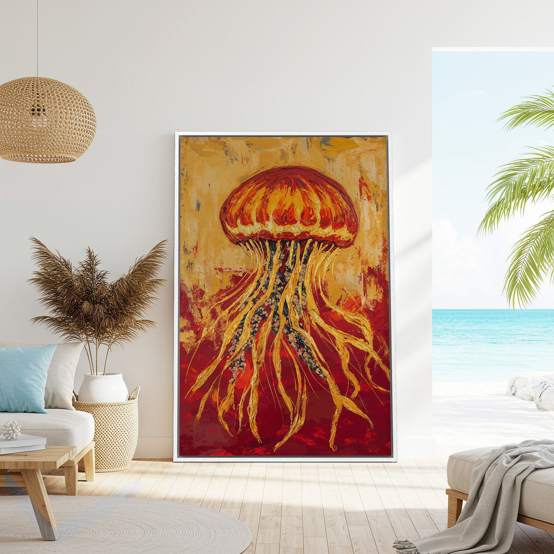 Framed Wall Art of a vibrant jellyfish painting in warm red and gold tones, perfect for coastal decor. Abstract style canvas print.