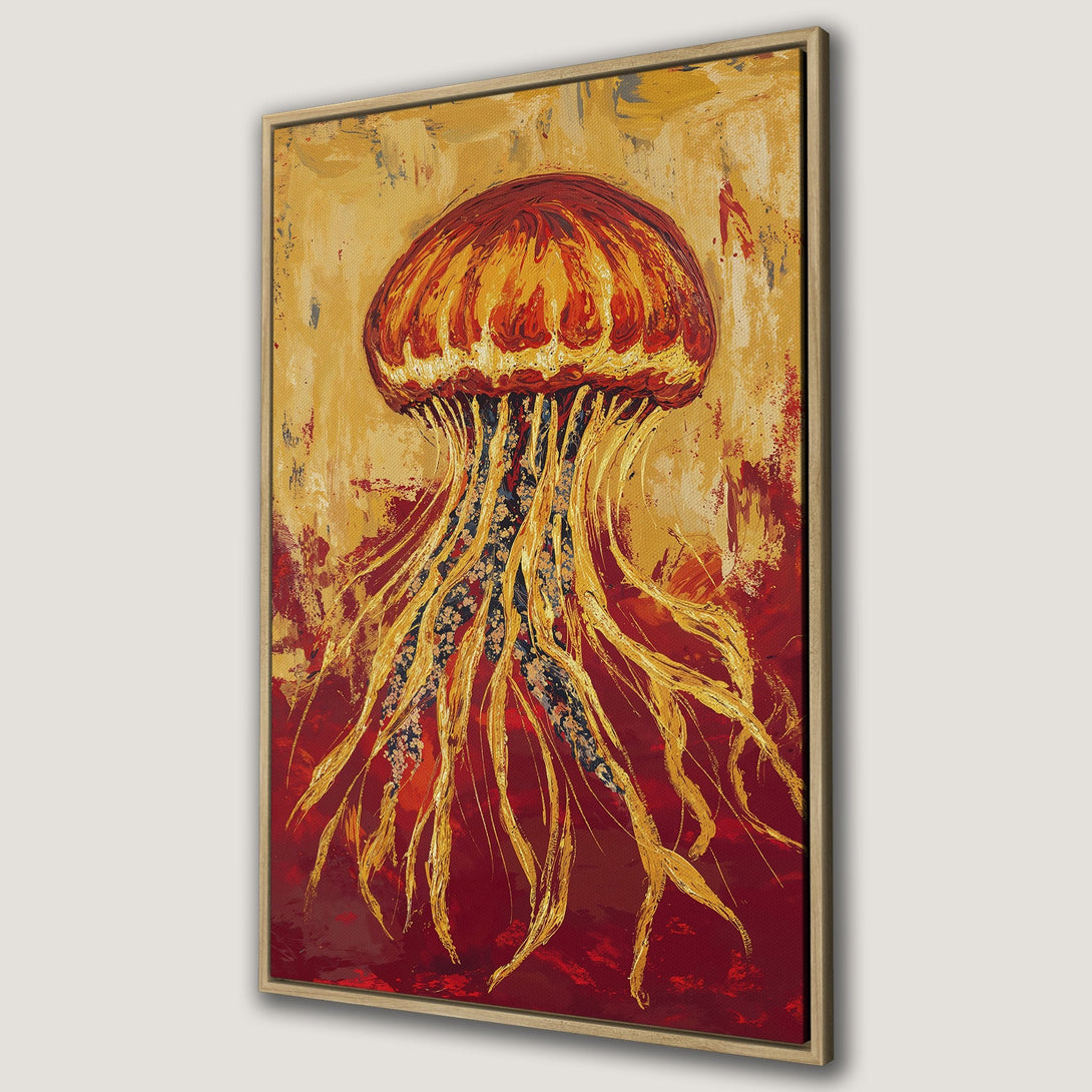Framed Wall Art: Abstract jellyfish painting in warm red, gold, and yellow tones. Adds a vibrant, artistic touch to any space. Perfect for modern decor.