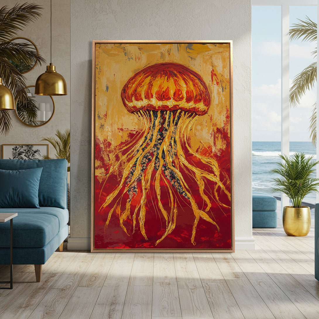 Framed Wall Art: Abstract jellyfish painting in vibrant red, yellow, and gold hues. Modern art canvas print adds a pop of color & coastal style to any room.