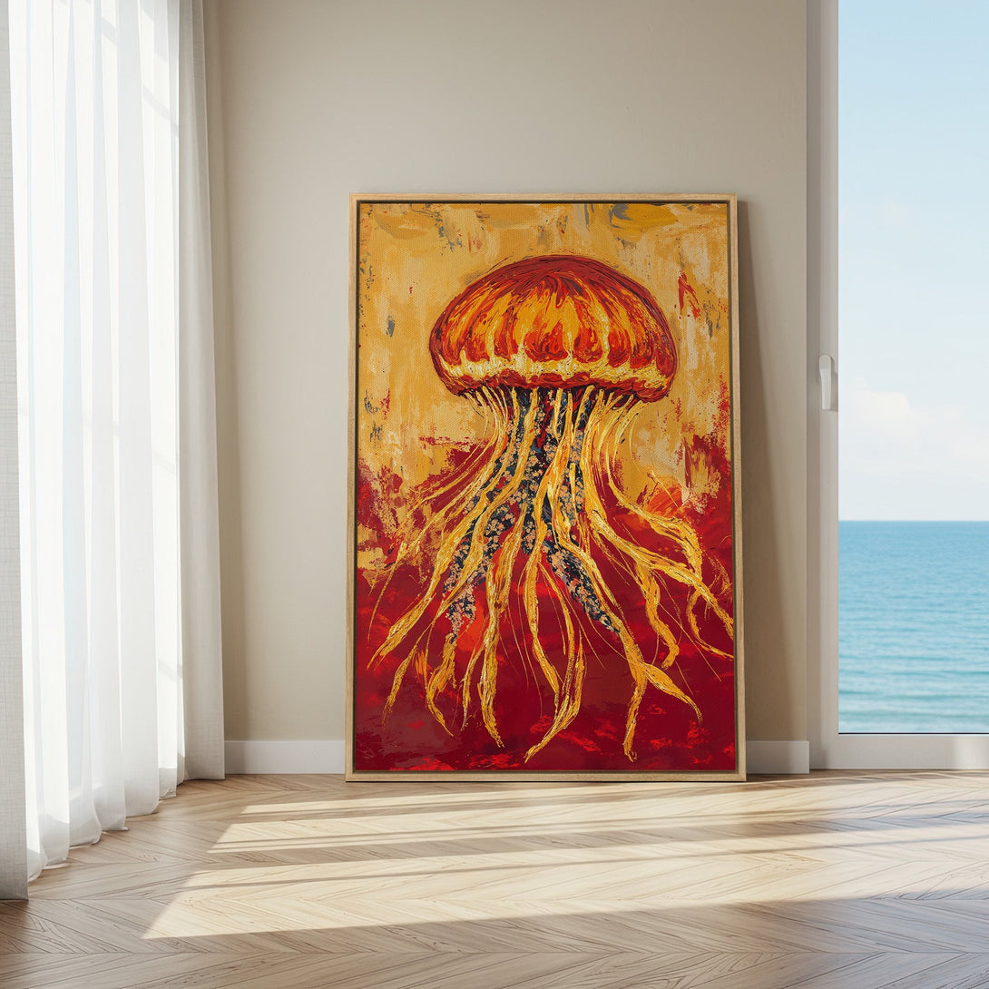 Framed Wall Art: Abstract jellyfish painting in warm red and gold tones. Adds vibrant art to any space. Perfect for coastal decor.