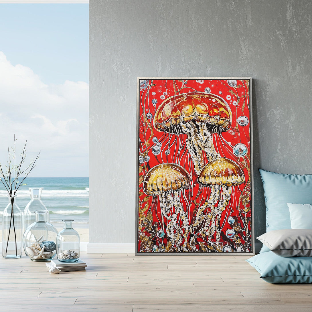 Framed Wall Art featuring vibrant jellyfish art on a red background. Coastal style with gold, white, and red color palette. Perfect for modern home decor.