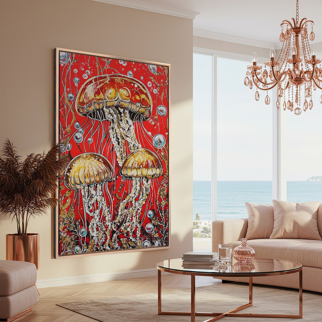 Framed Wall Art: Vibrant jellyfish art in a modern style with a red and gold color palette. Perfect for adding a pop of color to your home decor.