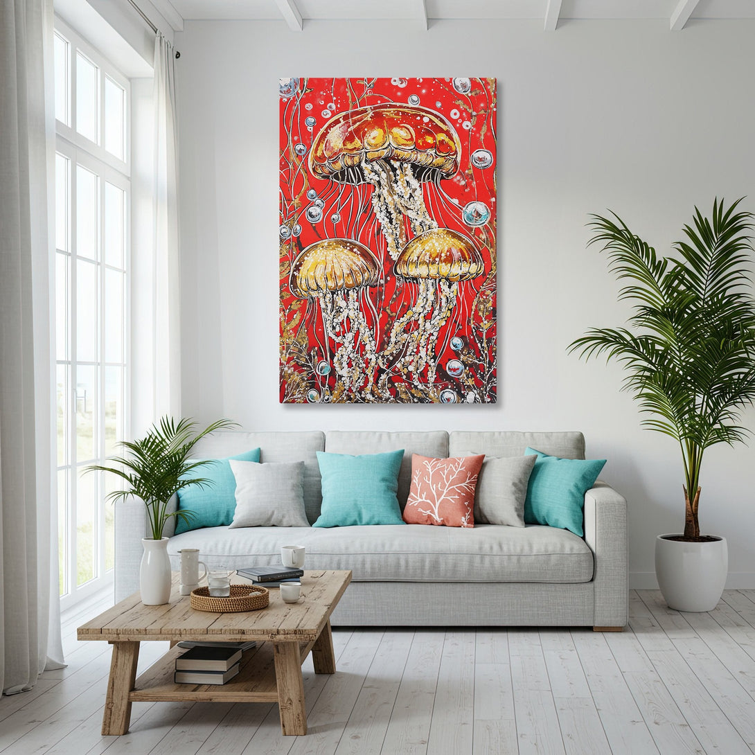 Framed Wall Art: Vibrant jellyfish art in red, gold, and white. Coastal-inspired decor for living room. Elevate your space with this stunning canvas print.
