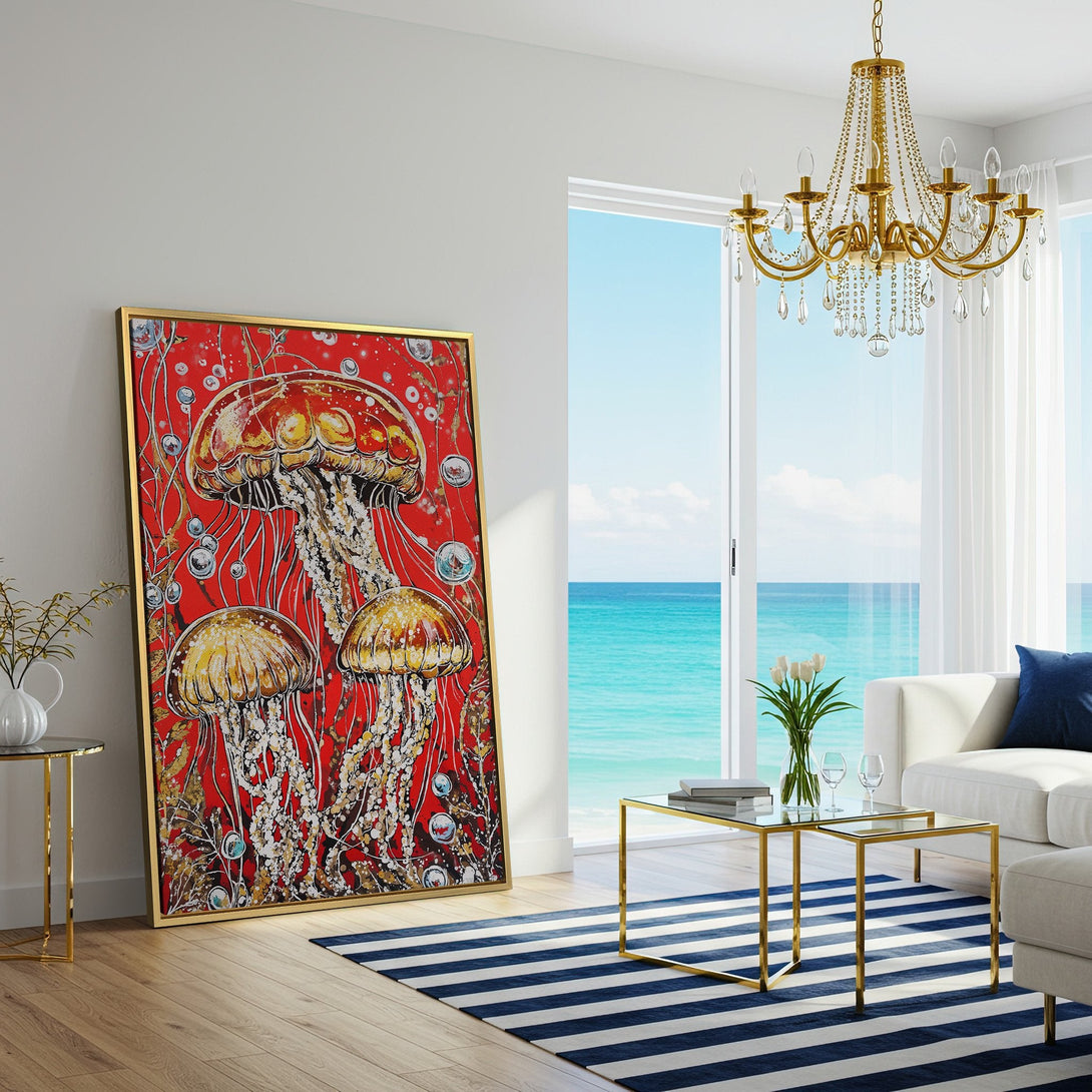 Canvas Print of vibrant jellyfish art with a red and gold color palette, perfect for coastal decor. Modern wall art for living rooms.