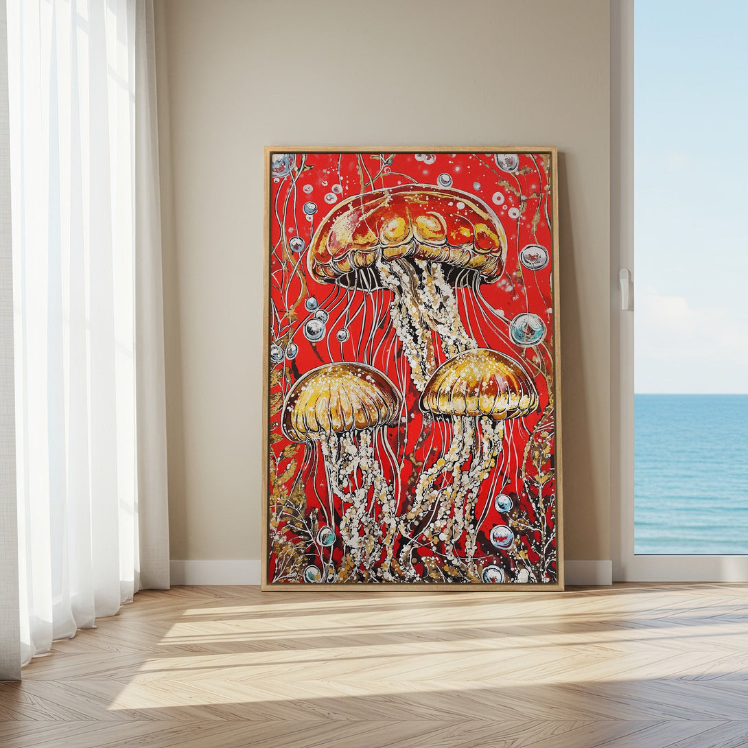 Framed Wall Art featuring vibrant jellyfish art on a red background. Modern, colorful Canvas Print with gold, white, and red tones. Add coastal charm to your home!