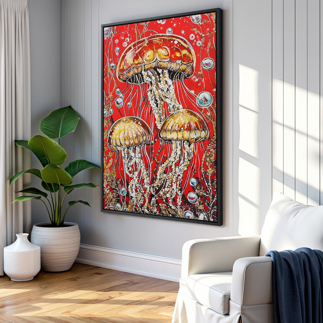 Framed Wall Art featuring vibrant jellyfish art on a red background. Modern style with warm gold and red tones, perfect for adding a pop of color to your space.
