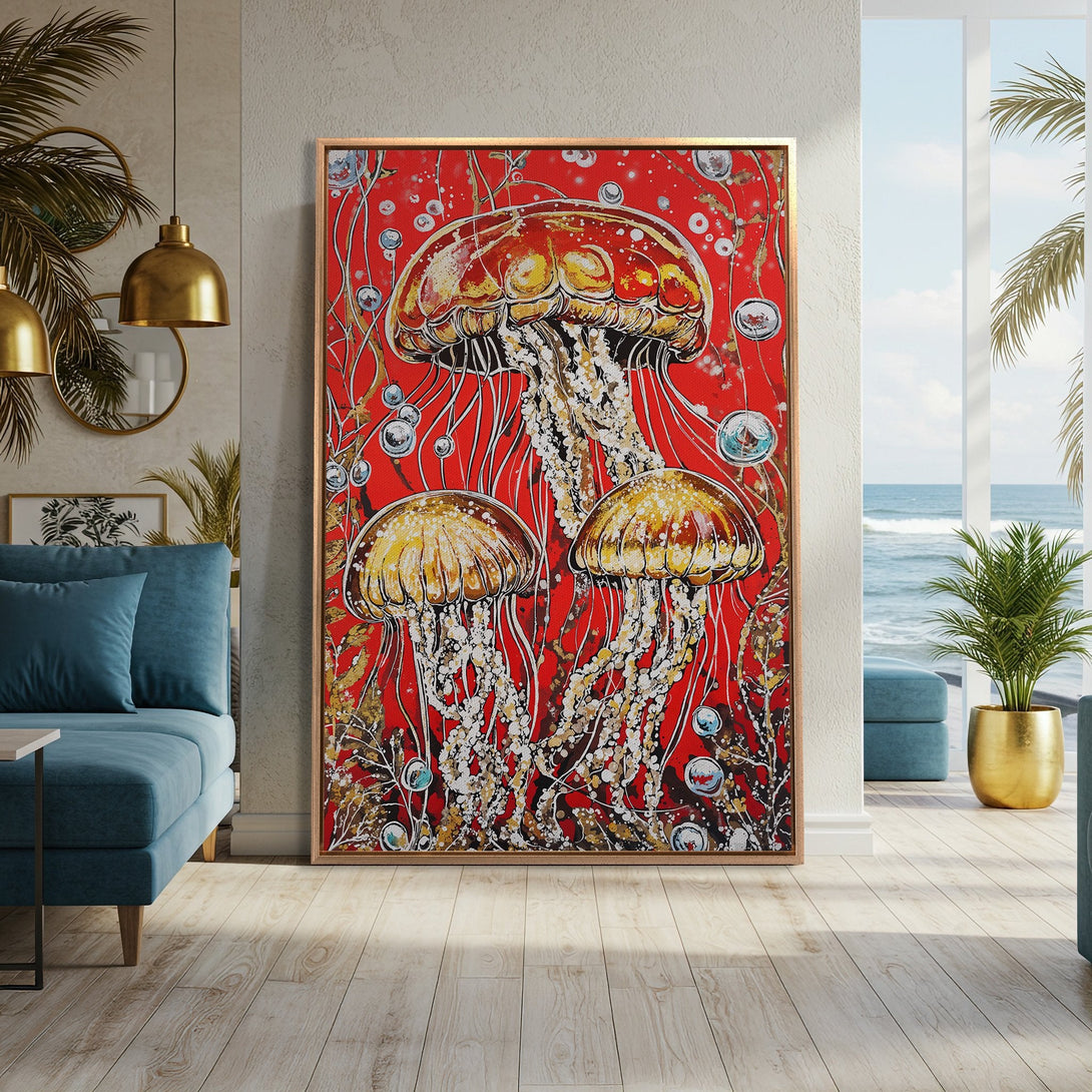 Framed Wall Art: Vibrant jellyfish painting with a red background. Coastal-inspired art in a modern interior. Enhance your space with this stunning canvas print!