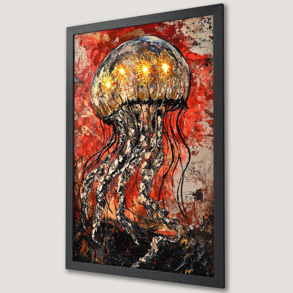 Framed Poster featuring a vibrant jellyfish abstract art print with red, black, and gold color palette. Perfect wall decor!