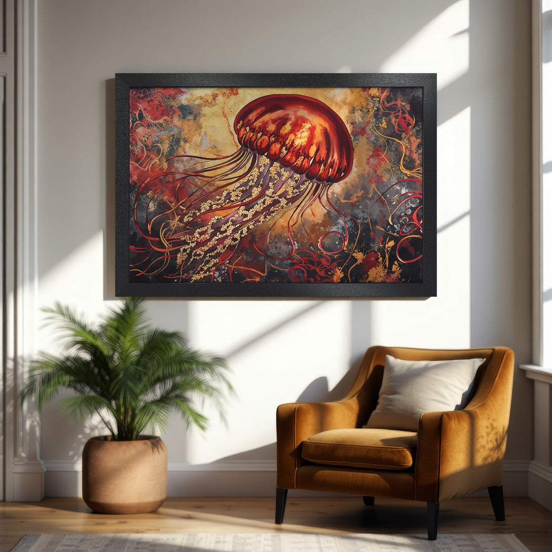 Framed Poster featuring a vibrant jellyfish in an abstract style with a warm red and gold color palette. Perfect wall art.
