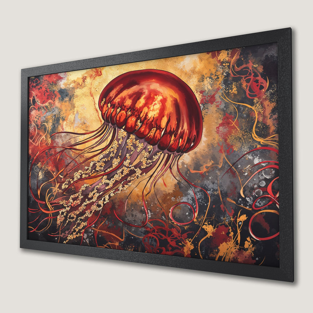 Framed Poster featuring a vibrant jellyfish art print. Abstract style with a warm red, gold, and black color palette. Perfect wall decor!