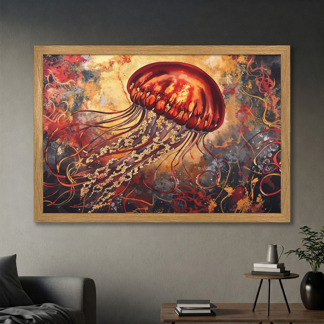 Framed Poster of vibrant red jellyfish art, abstract style with warm red, orange, and gold tones. Perfect wall decor!