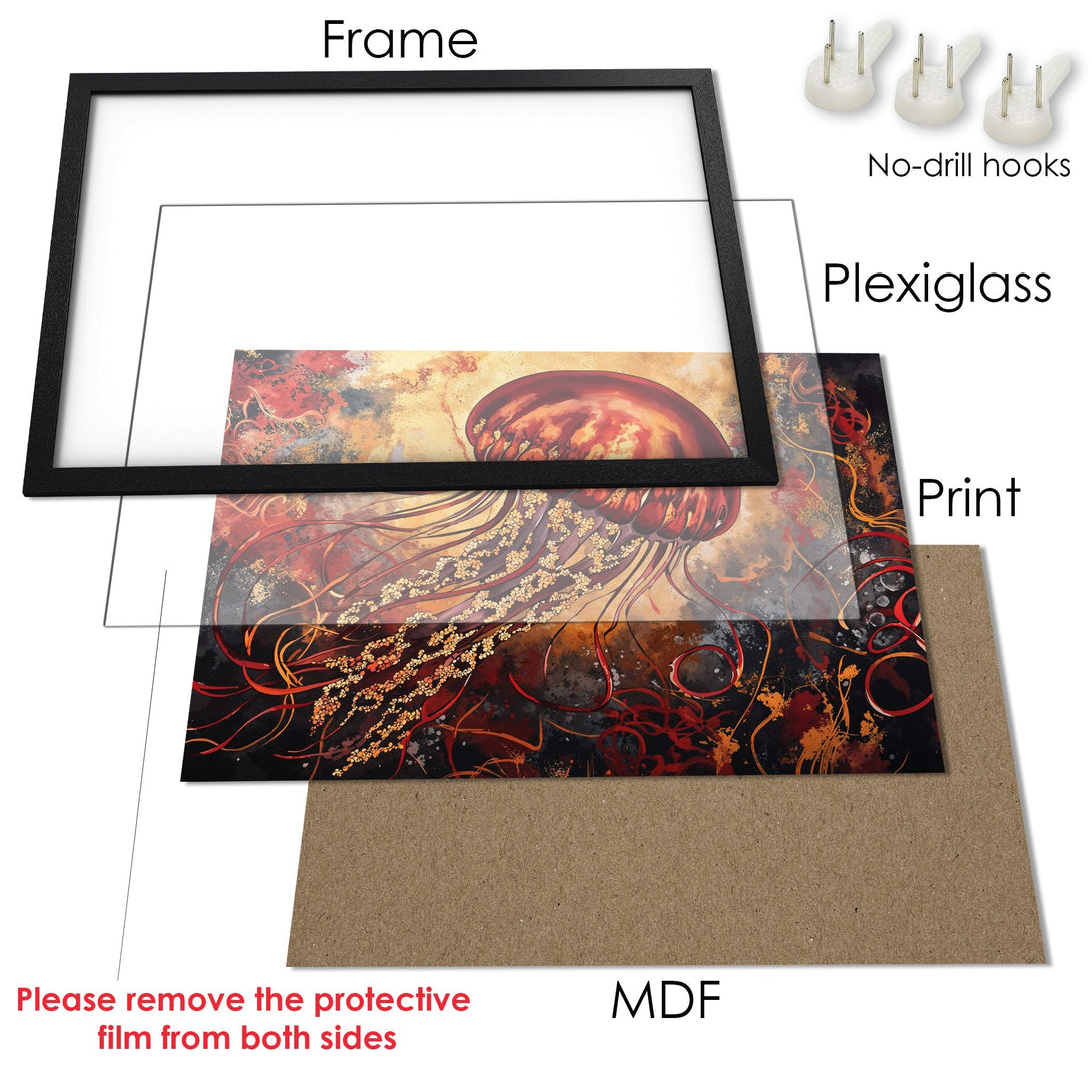 Framed Poster featuring a jellyfish in an abstract style with warm, earthy tones. Enhance your space with this unique art!