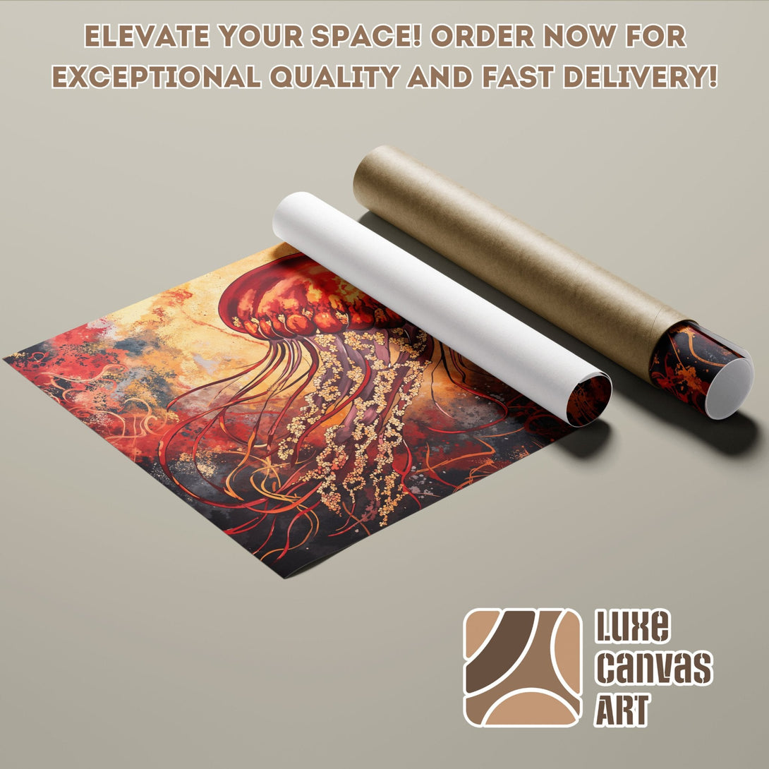 Abstract jellyfish art Poster Roll in red, orange, and gold tones. Elevate your space!