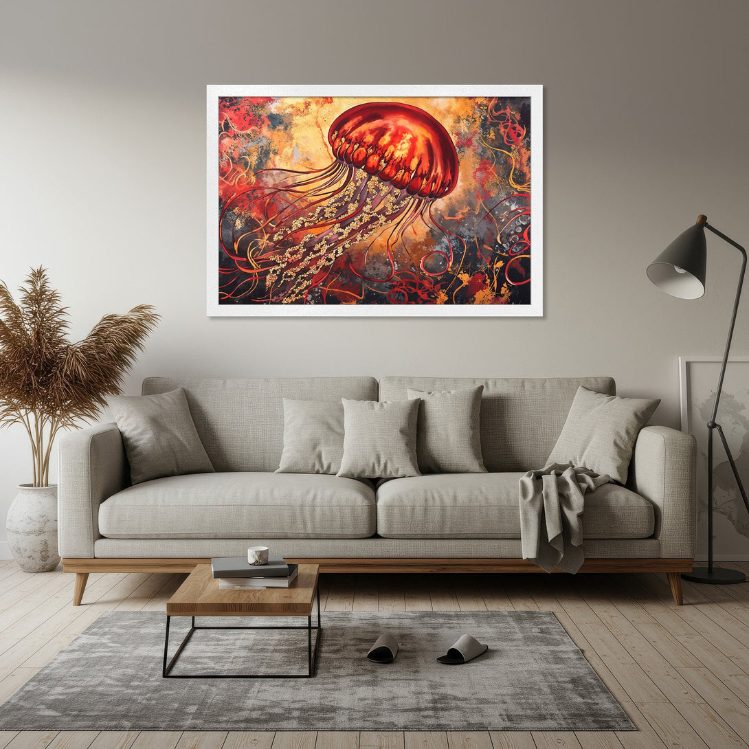 Framed Poster of a vibrant jellyfish abstract art print. Features a warm red, orange, and gold color palette, perfect for modern decor.
